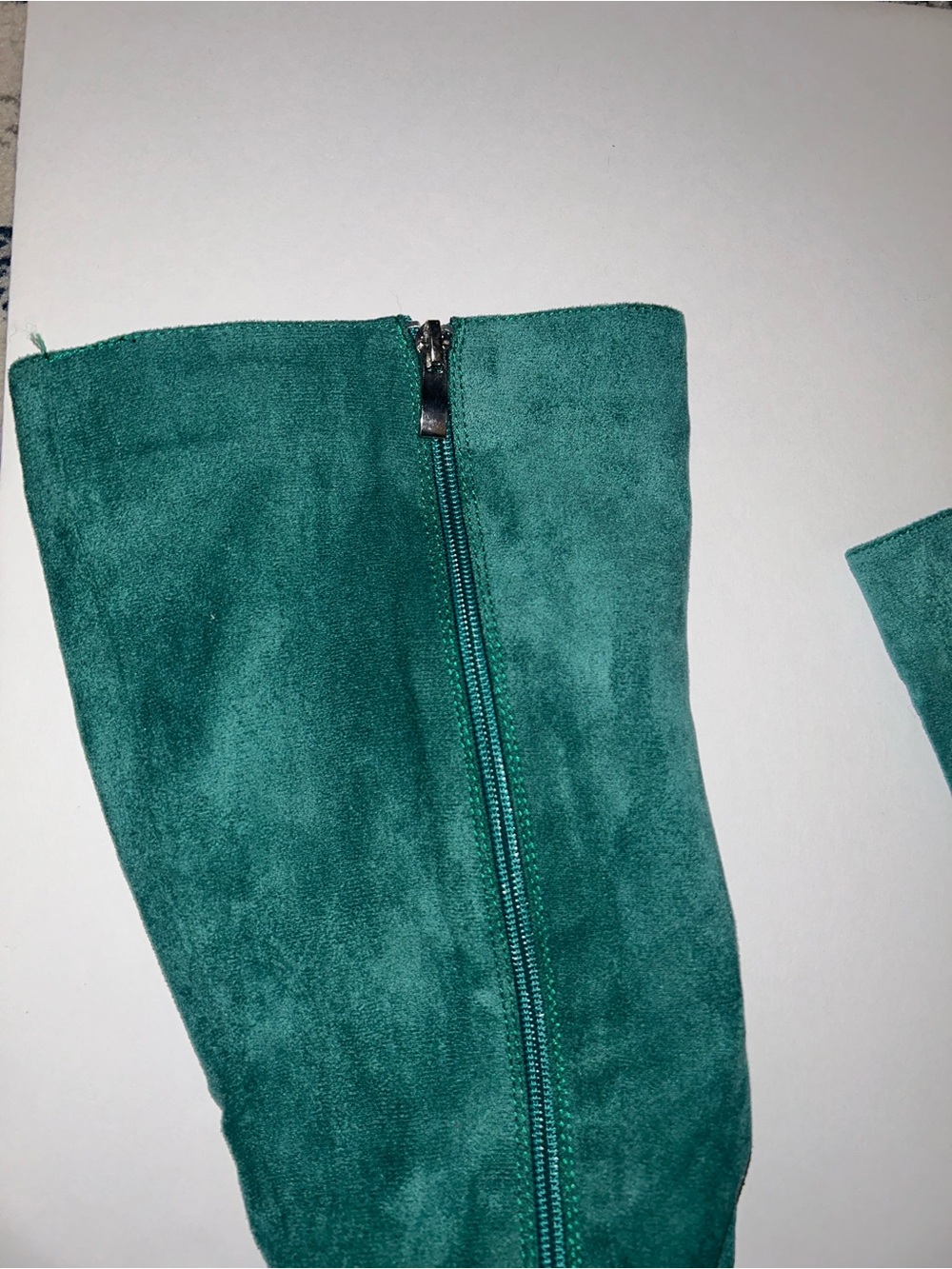 Women's Teal Suede Mid-Calf Block Heel Boots - Picture 5 of 9